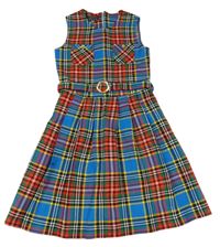 Modro-barevné kostkované úpletové šaty s páskem 