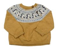 Okrovo-šedý lehký vlněný svetr s tučňáky M&S