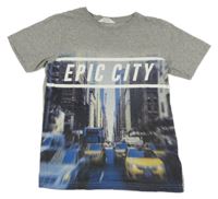 Šedé melírované tričko s auty a nápisem H&M