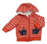 Červeno-bílá pruhovaná propínací mikina s velrybami a kapucí Topomini