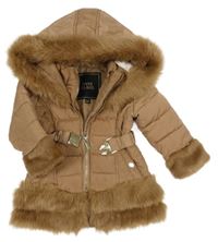 Hnědý šusťákový zateplený kabát s kapucí a kožešinovými prvky a páskem River Island