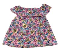 Neonově růžovo-modro-zelený top s listy a volánkem Y.F.K.