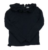 Tmavomodrý žebrovaný svetr s volánkem TU