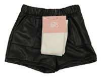 Nové - 2set- černé koženkové kraťasy+ bílé punčocháče Matalan