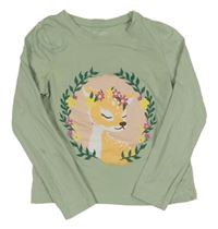 Mintové triko se srnkou a květinami Primark
