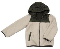 Béžovo-khaki huňato/šusťáková podšitá bunda s kapucí 