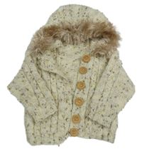 Béžový melírovaný propínací svetr s kožešinou na kapuci