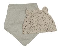 2set - Béžová puntíkatá čepice s oušky + šedý slinták