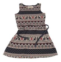 Béžovo-tmavomodro-červené úpletové šaty se soby a norským vzorem a páskem New Look