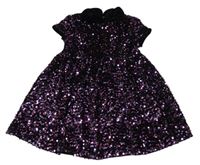 Černo-fialové sametovo/flitrové šaty s límečkem 