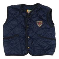 Tmavomodrá šusťáková prošívaná lehká zateplená vesta s nášivkou 
