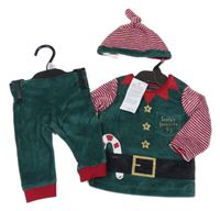 Nové - 3set - Tmavozeleno-pruhovaná sametová mikina + tepláky + čepice - Elf F&F