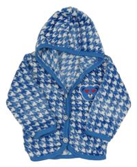 Modro-bílý vzorovaný propínací chlupatý svetr s kapucí