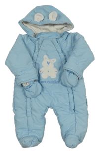 Modrá šusťáková zimní kombinéza s medvídkem a kapucí