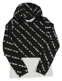 Černá crop mikina s nápisy a všitým topem s kapucí 