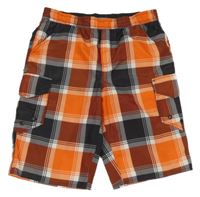 Oranžovo-černé kostkované plážové kraťasy s kapsami 