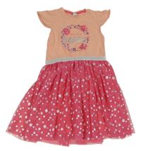 Broskvovo-růžové bavlněno/tylové šaty s kytičkami Kiki&Koko