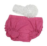 2set - Růžové plenkové kalhotky s volánky + bílá čelenka s květem