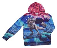Modro-růžová mikina s dinosaury a kapucí 