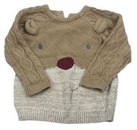 Hnědo-bílý melírovaný svetr s medvídkem a vzorovanými rukávy Mothercare