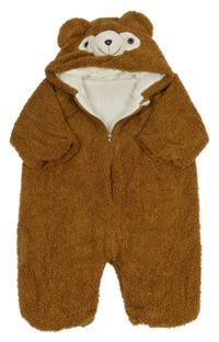 Hnědá huňatá podšitá kombinéza s kapucí s čumáčkem