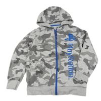 Světlešedo-šedo-tmavošedá army melírovaná propínací mikina s ovladačem - PlayStation a kapucí 