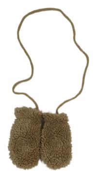 Hnědobéžové huňaté zateplené rukavice se šňůrkou