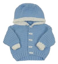 Modro-bílý žebrovaný pletený propínací svetr s kapucí 