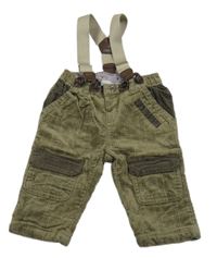 Hnědokhaki kostkované chino manšestrové podšité kalhoty s kšandami chicco