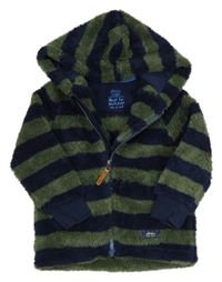 Khaki-tmavomodrá pruhovaná huňatá bunda s kapucí joules