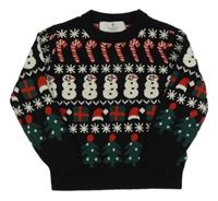 Černý vánoční svetr se sněhuláčky a stromečky a dárky a lízátky H&M