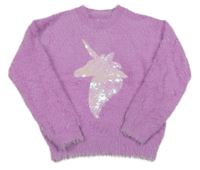 Levandulový chlupatý svetr s jednorožcem z flitrů St. Bernard