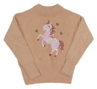 Pudrový chlupatý svetr s jednorožcem a srdíčky z flitrů 