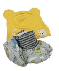 Nové - 2Set - Žlutá čepice s Pú a oušky H&M + šedo/tmavošedé bačkory s vrtulníky vel. 17/18 
