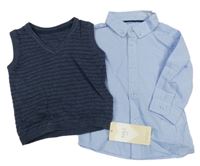 Nové - 2Set - Modro-bílá kostkovaná košile + tmavomodrá melírovaná žebrovaná pletená vesta M&S