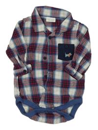 Bílo-tmavomodro-červeno-světlemodré kostkované vzorované košilové body s kapsou s pejskem Next