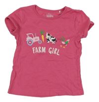 Tmavorůžové tričko s farmou a nápisem Topolino