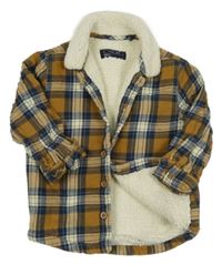 Hnědo-tmavomodro-smetanová kostkovaná zateplená košilová bunda Next