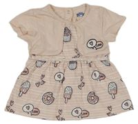 Světlerůžovo-bílé pruhované šaty s nanuky a donuty a bolérkem