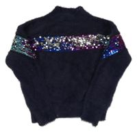 Tmavomodrý chlupatý svetrový rolák s flitry PRIMARK