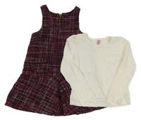 2Set - Tmavovínovo-růžovo-bílé melírované teplé šaty + smetanové triko St. Bernard