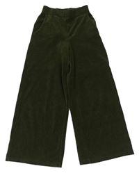 Tmavozelené žebrované sametové kalhoty Zara