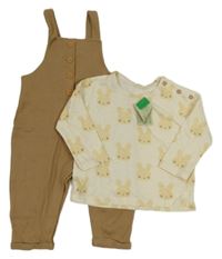 Nové - 2set - Krémové triko s králíky + hnědé laclové tepláky Benetton