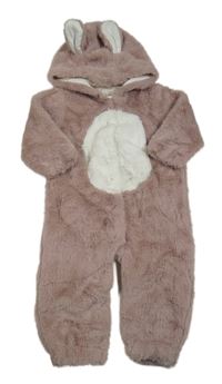 Starorůžovo-bílá kožešinová podšitá kombinéza s kapucí s oušky Next