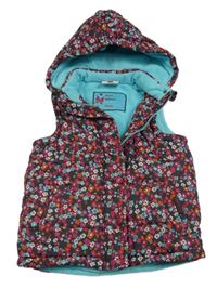 Antracitová květovaná šusťáková zateplená vesta s kapucí Topolino