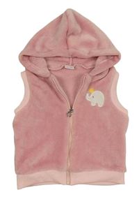 Růžová chlupatá propínací vesta se slonem a kapucí