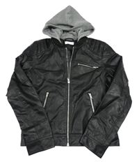 Černá koženková podšitá bunda s teplákovou kapucí H&M