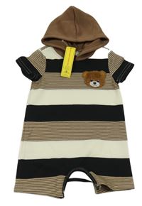 Nové - Hnědo-černo-krémový pruhovaný kraťasový overal s medvědem a kapucí Shein