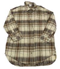 Béžovo-hnědé kostkované propínací košilové oversize šaty Next