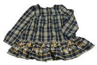 Tmavomodro-žluto-bílá kostkovaná třpytivá šatová tunika s výšivkami květin Topolino